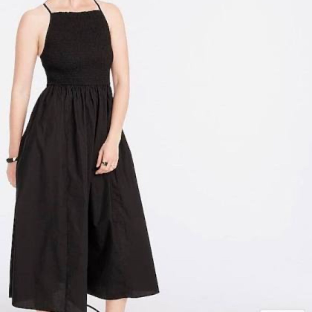 J Crew Friday Dress Cotton Poplin Smocked Front Black sz LG EUC